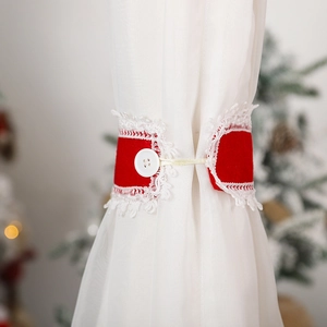 Christmas curtain buckle with red felt, white lace trim and round button decoration