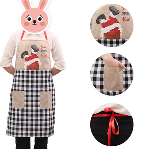 Linen Christmas apron with Santa embroidery, buffalo plaid patterns, and double pockets