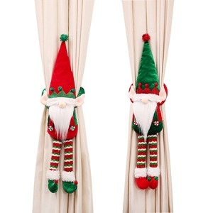 Christmas gnome curtain tiebacks set with plush bearded gnomes and striped legs