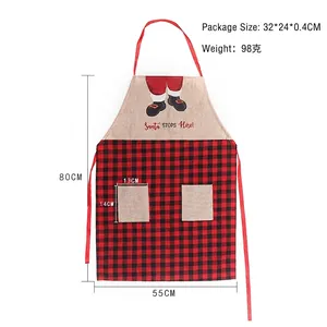 Christmas Santa linen checkered apron with front pockets and festive illustration