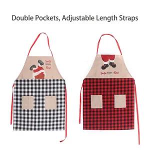 Linen Christmas apron with Santa Claus print, double pockets and adjustable straps