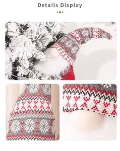 Detail of a Christmas gnome featuring a knitted snowflake hat and a white faux fur beard
