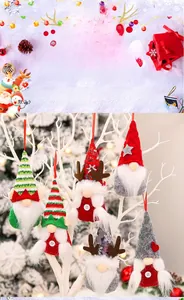 Detail of 6 piece forest gnome ornaments set featuring sequins and plush fabric textures