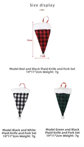 Detailed size chart showing Christmas plaid cutlery holders in red, black, and green