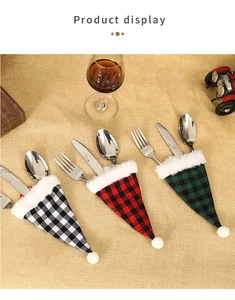 Christmas buffalo plaid cutlery holders with plush trim for festive table decoration