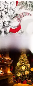 Detail of Christmas gnome plush doll and warm LED lights on a decorated holiday tree