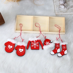 Set of 5 red wooden Christmas tree ornaments with sweater, hat and sock designs