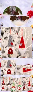 Close-up of handmade Christmas gnome ornaments with felt hats and festive details