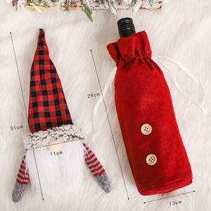 Christmas gnome wine bottle cover set with red plaid hat and wooden buttons decor