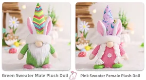 Detailed view of handmade Easter gnomes with knitted sweaters and bunny ears for decor