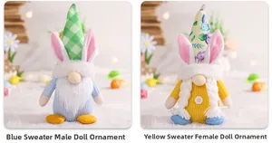 Detail of Easter gnomes with rabbit ears in blue and yellow knit sweaters for holiday decor