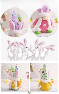 Detailed macro view of plush Easter gnome fabric texture, bunny ears and knitted patterns