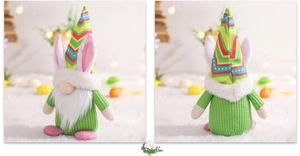 Front and back detail of Easter gnome plush with bunny ears and colorful striped hat