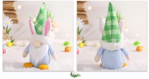 Front and back detail of plush Easter gnome with bunny ears and knit texture