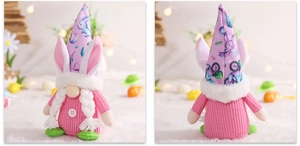 Front and back view of Easter gnome rabbit doll with pink knit body and purple hat