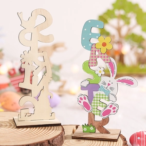 Handcrafted Easter gnome and bunny wooden tabletop ornaments with artistic lettering