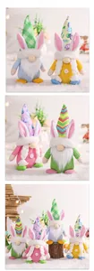 Close-up of Easter rabbit gnomes with knitted bunny ear hats on white fur background