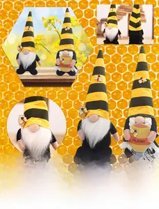 Detail of bee festival gnome plush with yellow striped hat and honey pot accessory