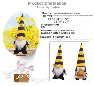 Detail view of Bee Day gnomes showing 28x8x6cm size and soft non-woven material