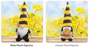 Detail of bee festival forest dwarf couple plush dolls with striped hats and honey pots