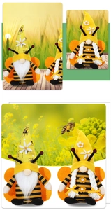 Detail of bee themed gnomes with daisy hats and orange wings in a field of flowers
