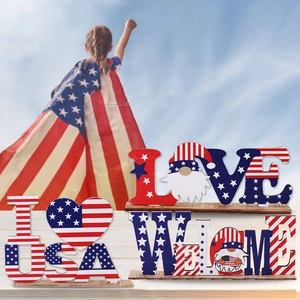 Patriotic USA wood table sign set with gnome and American flag patterns for home decor