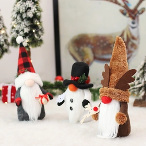 Three Nordic Christmas gnomes with reindeer antlers and plaid hats for holiday decor