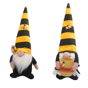 Pair of honey bee festival gnomes with striped hats and honey jars for spring decor