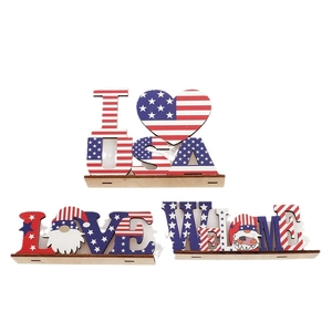 Set of three wooden USA Independence Day tabletop decorations with red white and blue gnome
