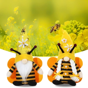 Handmade bee gnome plush set with striped wings and daisy decor for home garden decor