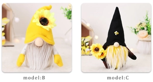 Dettaglio degli gnomi girasole e ape che mostra le texture di peluche e il lavoro manuale