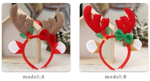 Close-up of Christmas deer antler headbands with plush velvet bows and small golden bells