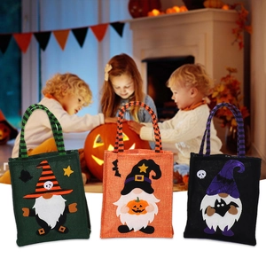 Sac Cadeau en Toile de Jute Gnome d'Halloween Rudolf Pochette à Bonbons Avec Poignée à Rayures Pour Fête Décoration