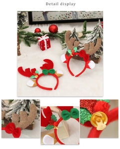Detail display of Christmas antler headbands with sequins, bows, and golden bells
