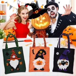 Lot de 3 sacs d'Halloween en toile de jute avec motifs de nains festifs pour bonbons
