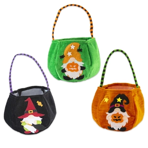 Three Halloween velvet gift bags featuring cartoon gnomes with witch hats and pumpkins