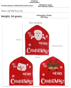 Detailed view of red and white linen HOHO Christmas chair covers with Santa and snowman motifs
