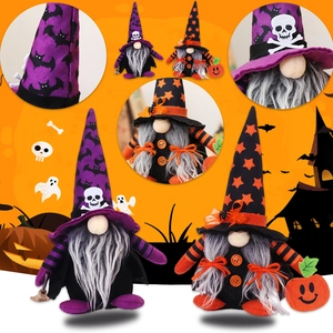 Halloween gnomes plush set with bat patterns and pumpkin accessories on orange background