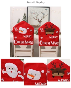 Detail of Christmas chair back covers with festive Santa Claus and reindeer embroidery