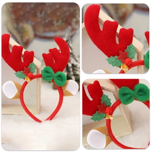 Christmas reindeer antler headband with red velvet, green bow, and golden jingle bells