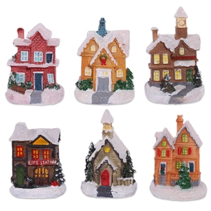 Set of 6 lighted resin Christmas village house figurines with snowy details