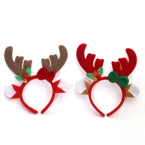 Christmas reindeer antler headband set with velvet finish and glittery holly leaf decor