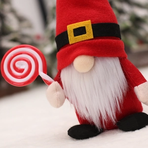 Gnome de Noël debout en peluche avec chapeau rouge et sucette pour décoration