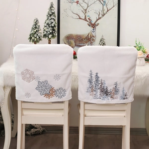 Christmas White Plush Chair Back Cover Faux Fur Dining Chair Protector With Snowflake Pine Tree Embroidery For Holiday Party Decor