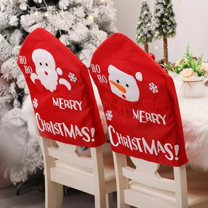 Christmas chair covers featuring Santa and Snowman with HOHO lettering and festive red fabric