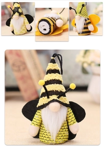 Detail view of Bee Gnome plush decoration with LED battery compartment and yellow stripes