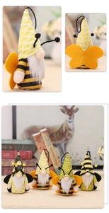 Detail of bee festival gnomes with LED lights, fuzzy beards and yellow striped wings