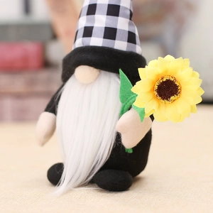 Harvest festival gnome plush doll with sunflower and black white checkered hat for home decor