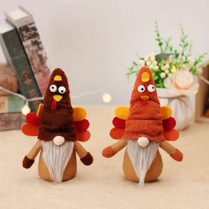 Handmade Thanksgiving turkey gnome plush set with knitted hats and white fiber beards