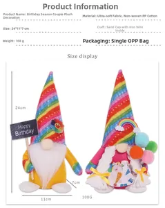 Dimensions détaillées du gnome d'anniversaire avec chapeau arc-en-ciel et taille 24x11x7cm